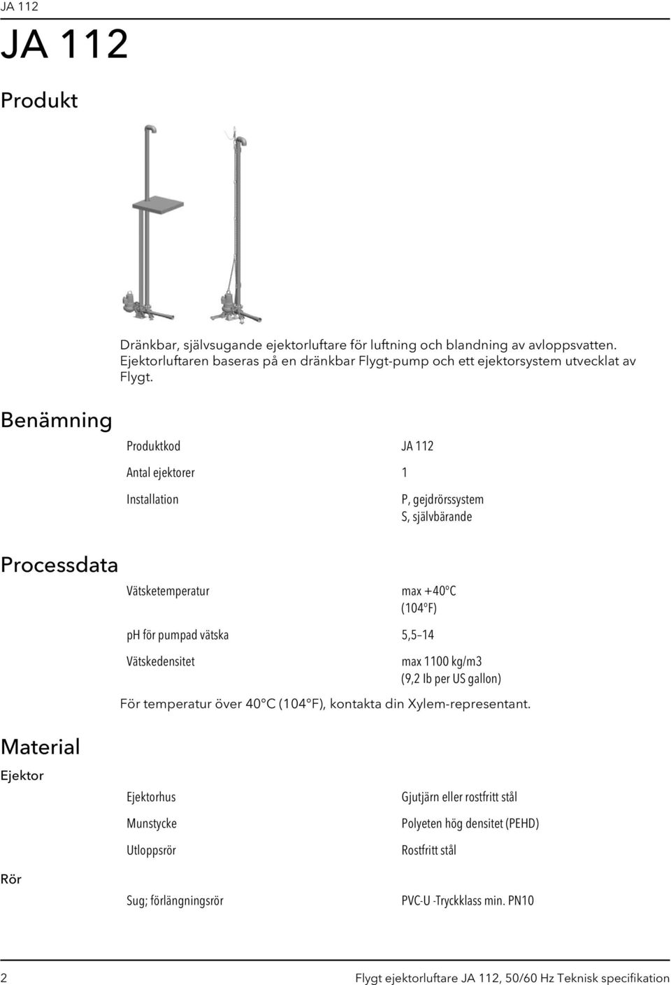 Benämning Produktkod JA 112 Antal ejektorer 1 Installation P, gejdrörssystem S, självbärande Processdata Vätsketemperatur max +4 C (14 F) ph för pumpad vätska 5,5 14