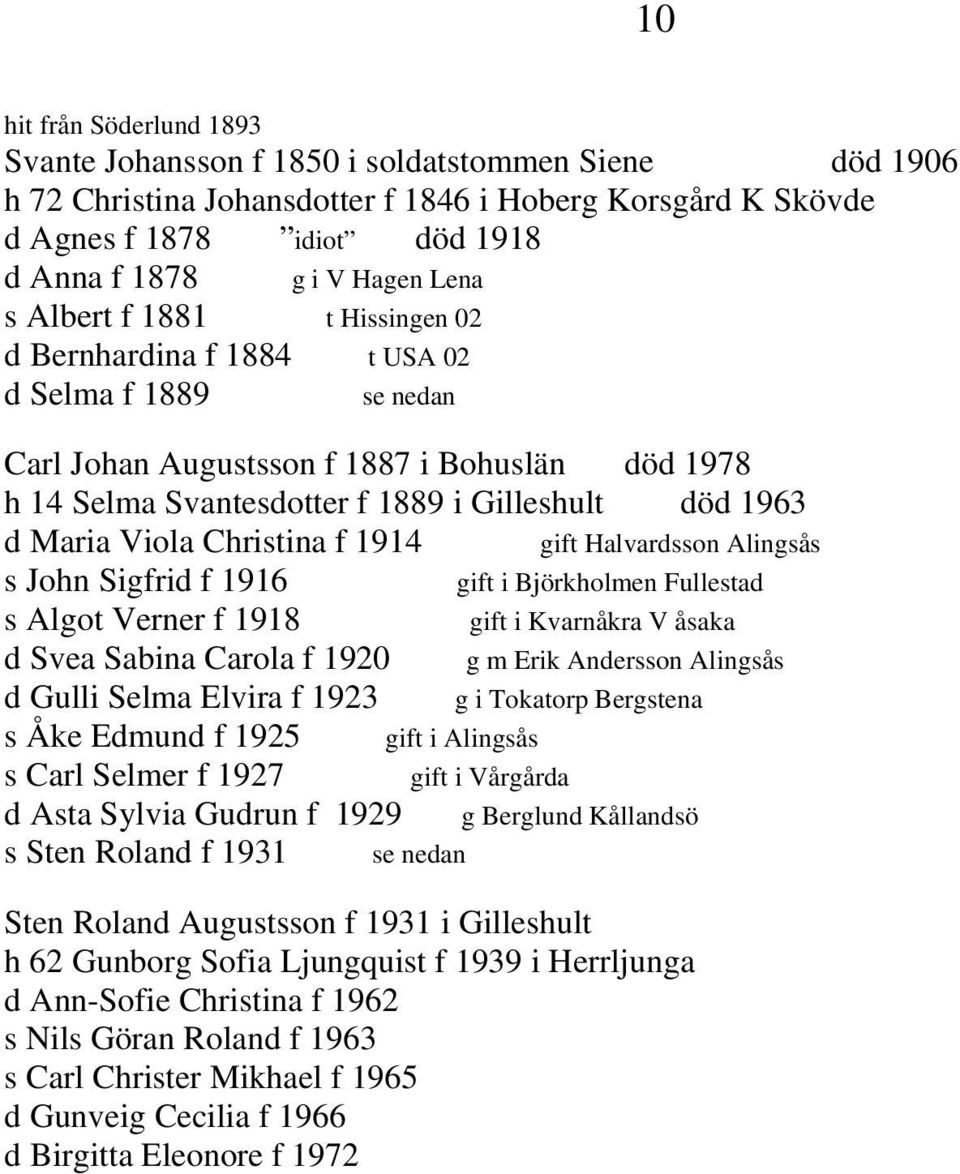 Maria Viola Christina f 1914 s John Sigfrid f 1916 gift i Björkholmen Fullestad s Algot Verner f 1918 gift i Kvarnåkra V åsaka d Svea Sabina Carola f 1920 g m Erik Andersson Alingsås d Gulli Selma