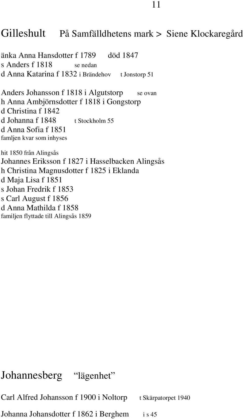1850 från Alingsås Johannes Eriksson f 1827 i Hasselbacken Alingsås h Christina Magnusdotter f 1825 i Eklanda d Maja Lisa f 1851 s Johan Fredrik f 1853 s Carl August f 1856 d