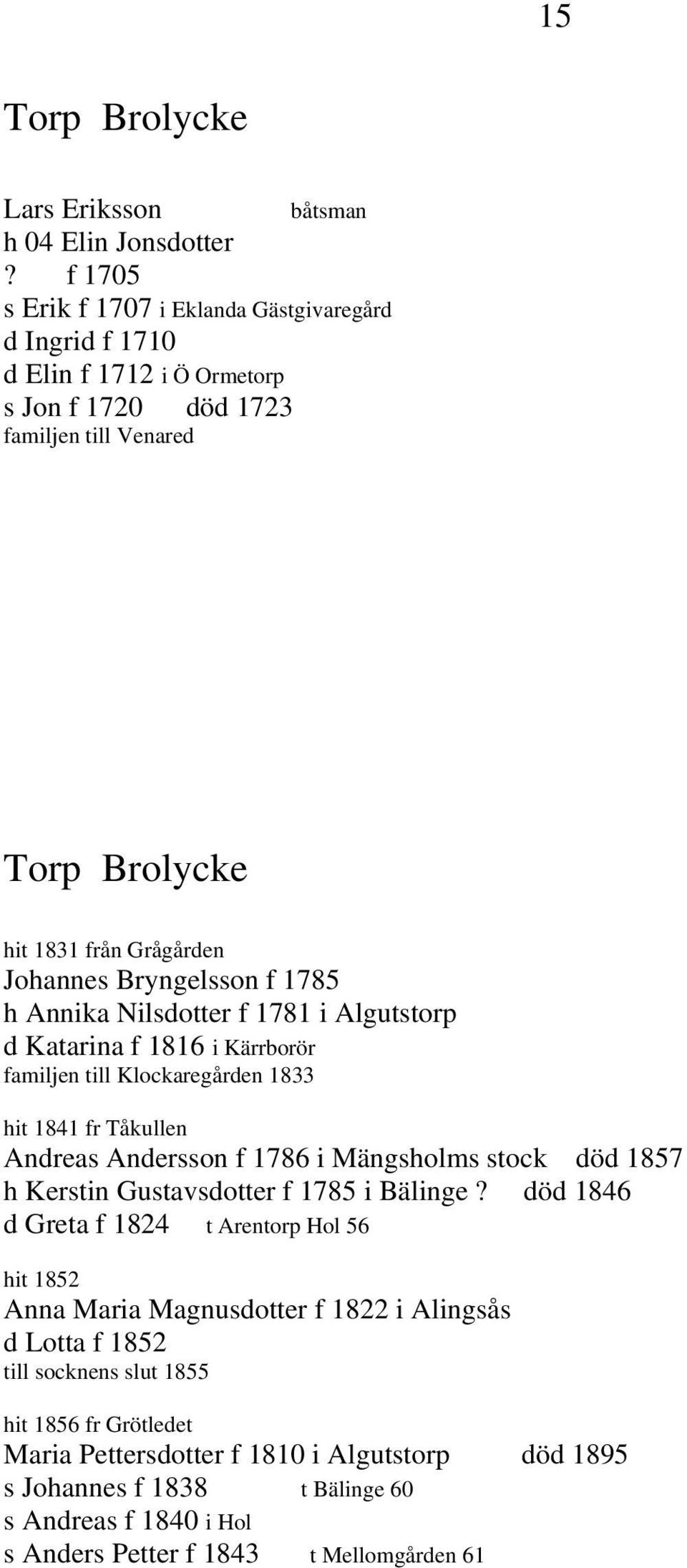1785 h Annika Nilsdotter f 1781 i Algutstorp d Katarina f 1816 i Kärrborör familjen till Klockaregården 1833 hit 1841 fr Tåkullen Andreas Andersson f 1786 i Mängsholms stock död 1857 h Kerstin