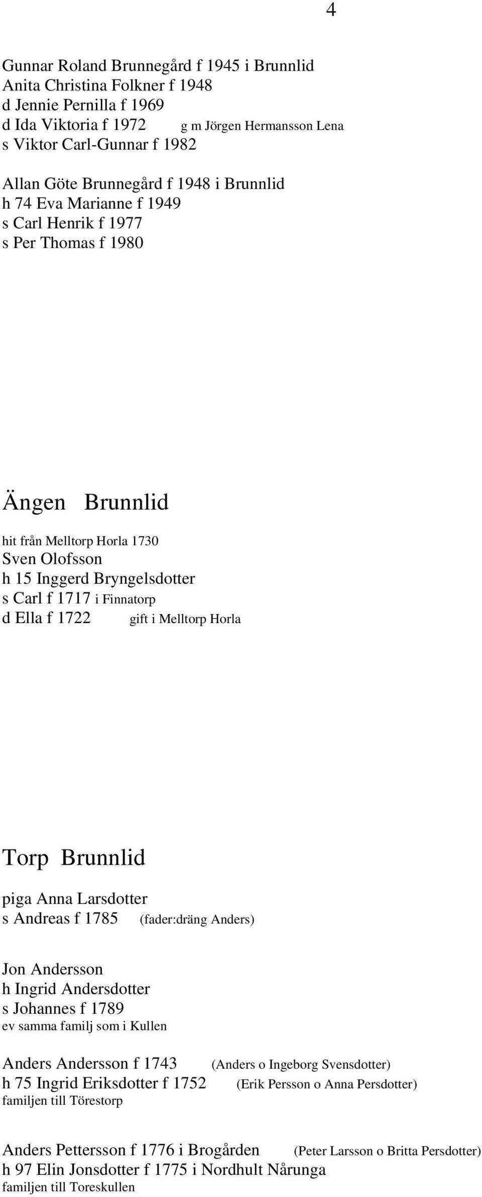 Ella f 1722 gift i Melltorp Horla Torp Brunnlid piga Anna Larsdotter s Andreas f 1785 (fader:dräng Anders) Jon Andersson h Ingrid Andersdotter s Johannes f 1789 ev samma familj som i Kullen Anders