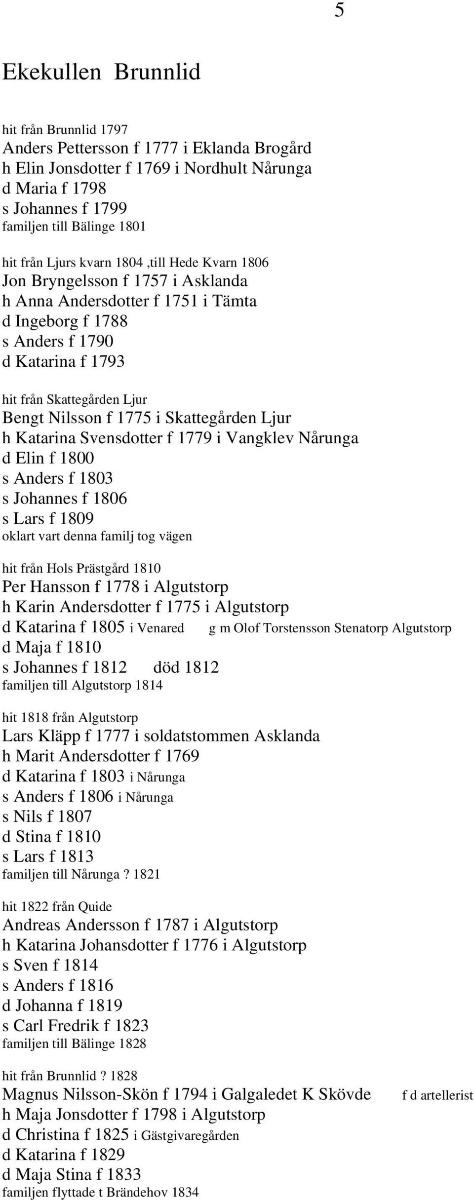 f 1775 i Skattegården Ljur h Katarina Svensdotter f 1779 i Vangklev Nårunga d Elin f 1800 s Anders f 1803 s Johannes f 1806 s Lars f 1809 oklart vart denna familj tog vägen hit från Hols Prästgård