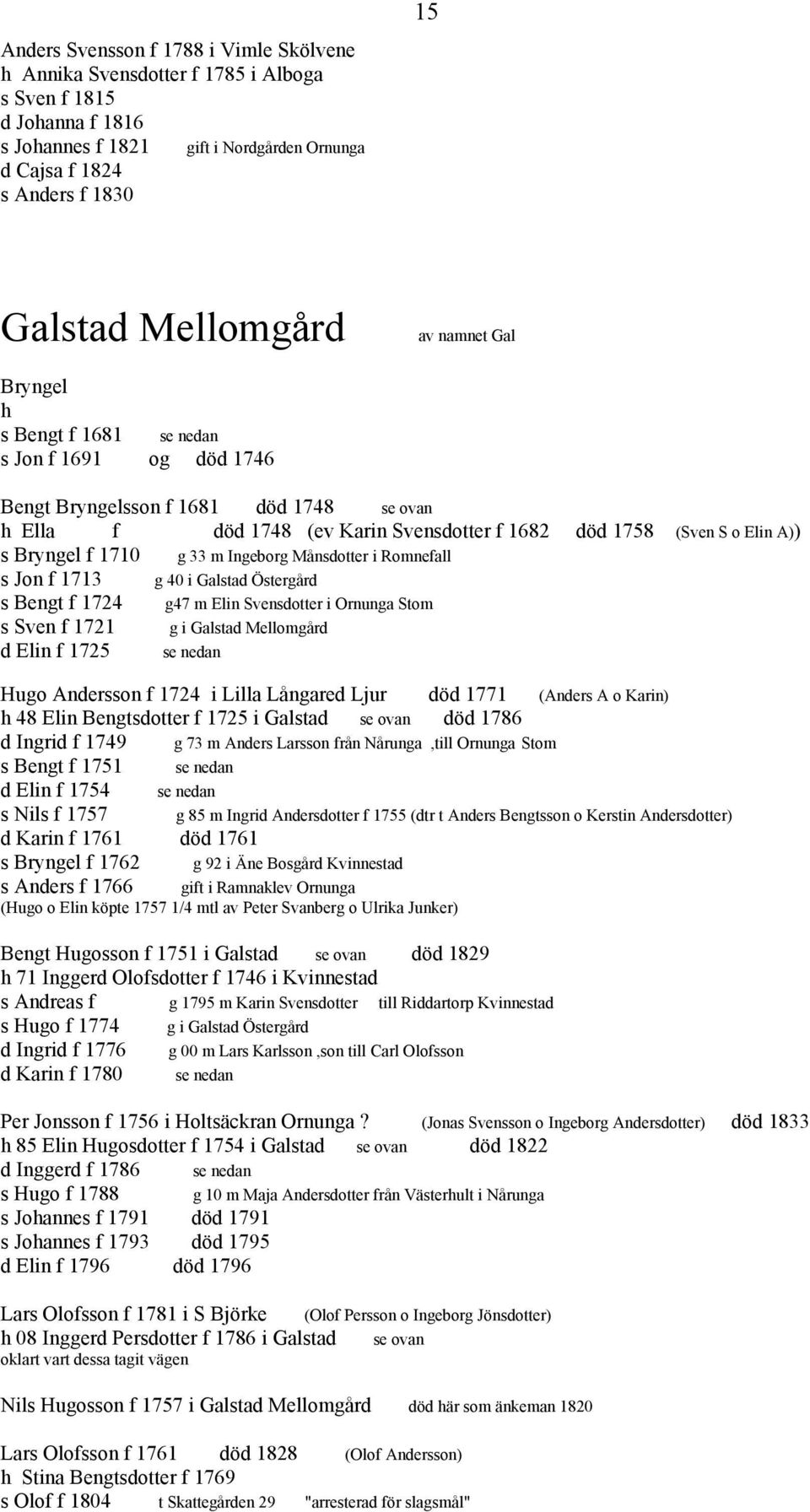 A)) s Bryngel f 1710 g 33 m Ingeborg Månsdotter i Romnefall s Jon f 1713 g 40 i Galstad Östergård s Bengt f 1724 g47 m Elin Svensdotter i Ornunga Stom s Sven f 1721 g i Galstad Mellomgård d Elin f