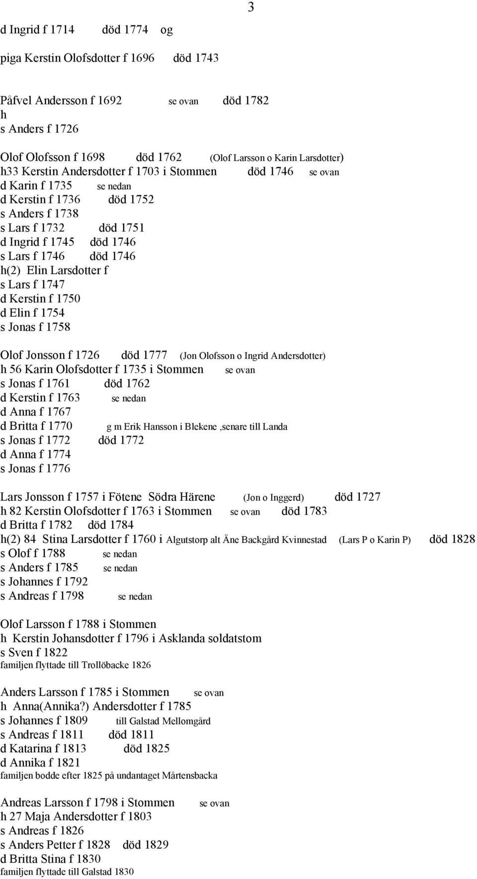 Elin Larsdotter f s Lars f 1747 d Kerstin f 1750 d Elin f 1754 s Jonas f 1758 Olof Jonsson f 1726 död 1777 (Jon Olofsson o Ingrid Andersdotter) h 56 Karin Olofsdotter f 1735 i Stommen se ovan s Jonas