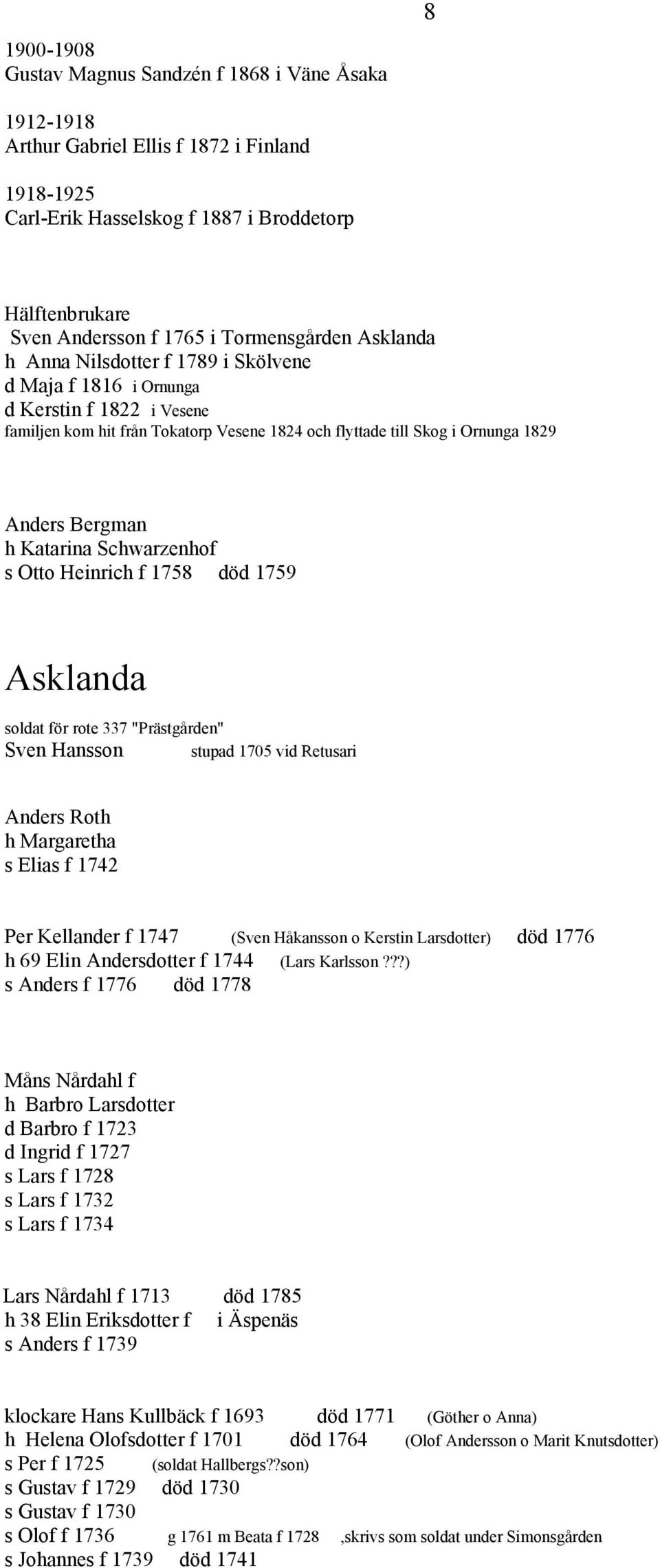 Bergman h Katarina Schwarzenhof s Otto Heinrich f 1758 död 1759 Asklanda soldat för rote 337 "Prästgården" Sven Hansson stupad 1705 vid Retusari Anders Roth h Margaretha s Elias f 1742 Per Kellander