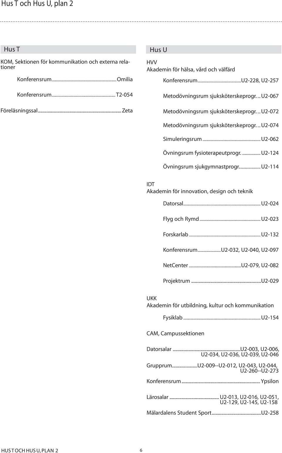 .. U2-062 Övningsrum fysioterapeutprogr.... U2-124 Övningsrum sjukgymnastprogr.... U2-114 IDT Akademin för innovation, design och teknik Datorsal... U2-024 Flyg och Rymd... U2-023 Forskarlab.