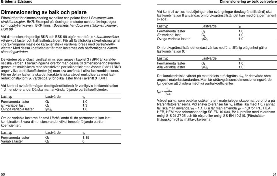 Vid dimensionering enligt BKR och BSK 99 utgår man från s k karakteristiska värden på laster och hållfasthetsvärden.