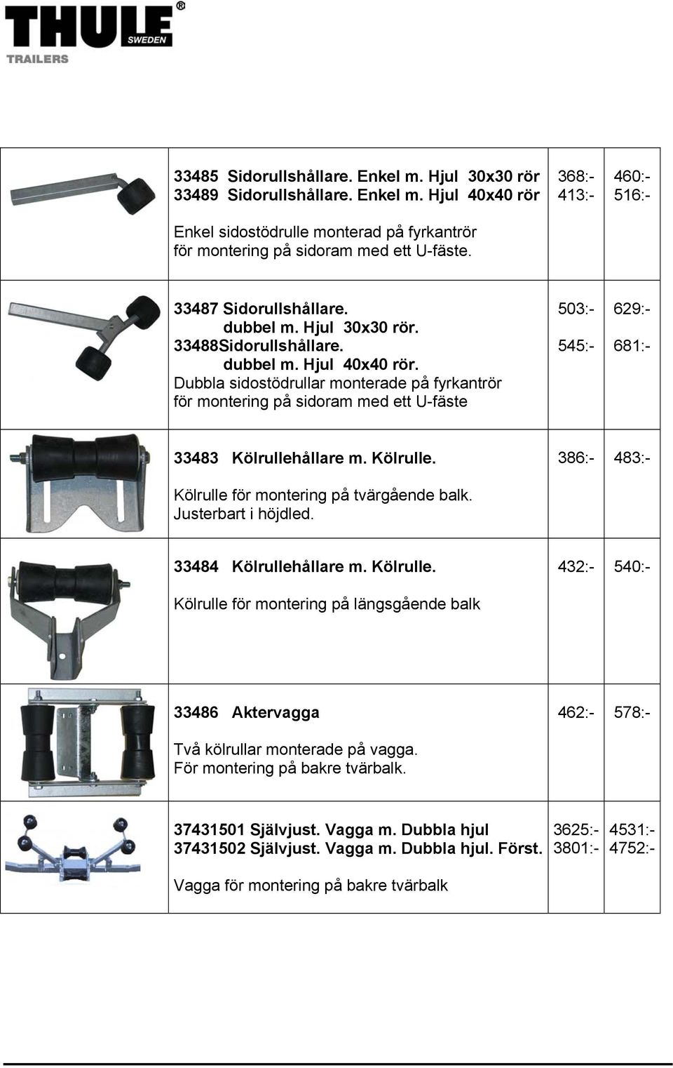Dubbla sidostödrullar monterade på fyrkantrör för montering på sidoram med ett U-fäste 503:- 545:- 629:- 681:- 33483 Kölrullehållare m. Kölrulle. 386:- 483:- Kölrulle för montering på tvärgående balk.