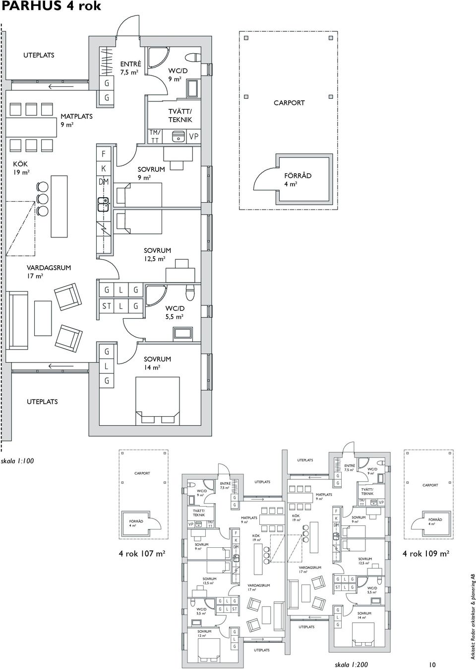 TEKNIK CARPORT FÖRRÅD 4 m² TVÄTT/ TEKNIK MATPLATS 9 m² KÖK 19 m² 9 m² FÖRRÅD 4 m² 9 m² KÖK 19 m² 4 rok 107 m² 4 rok 109 m² 12,5 m²