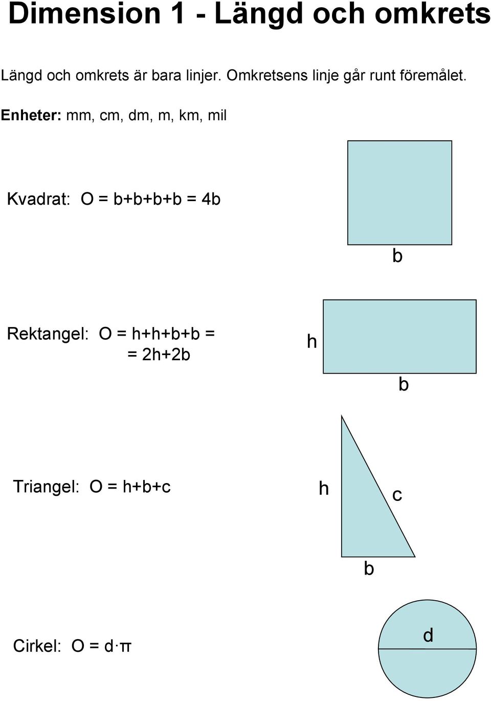 Eneter: mm, cm, dm, m, km, mil Kvadrat: O = +++ = 4