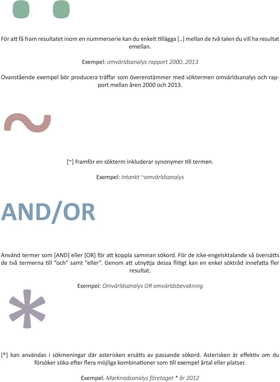 Exempel: Intankt ~omvärldsanalys AND/OR Använd termer som [AND] eller [OR] för att koppla samman sökord. För de icke-engelsktalande så översätts de två termerna till och samt eller.