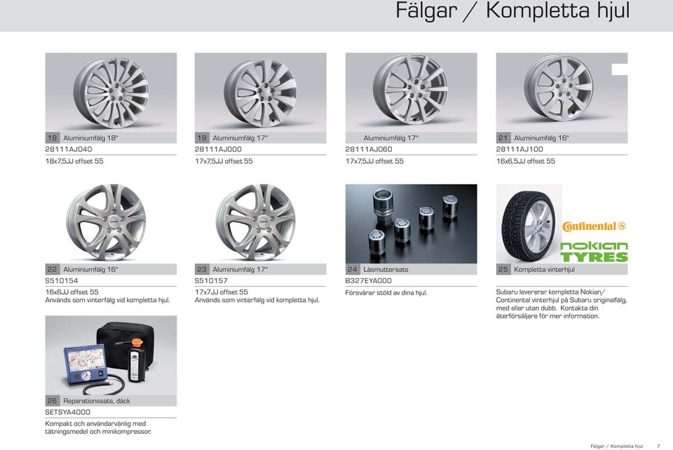 23 Aluminiumfälg 17" S510157 17x7JJ offset 55 Används som vinterfälg vid kompletta hjul. 24 Låsmuttersats B327EYA000 Försvårar stöld av dina hjul.