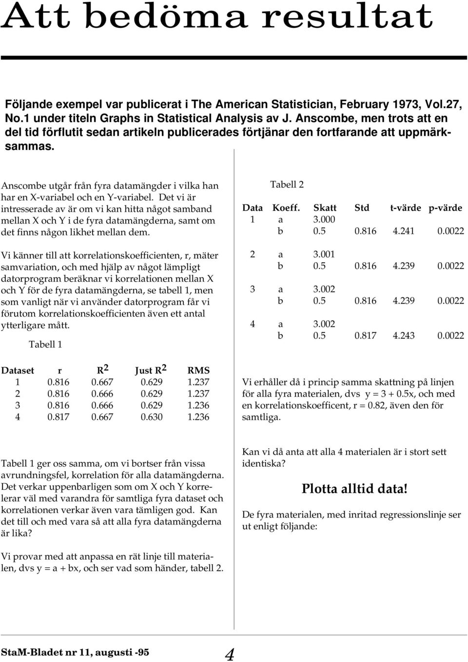 Anscombe utgår från fyra datamängder i vilka han har en X-variabel och en Y-variabel.