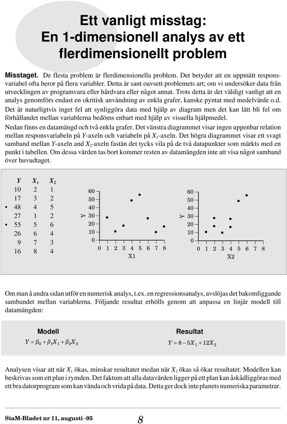 Trots detta är det väldigt vanligt att en analys genomförs endast en okritisk användning av enkla grafer, kanske pyntat med medelvärde o.d. Det är naturligtvis inget fel att synliggöra data med hjälp av diagram men det kan lätt bli fel om förhållandet mellan variablerna bedöms enbart med hjälp av visuella hjälpmedel.