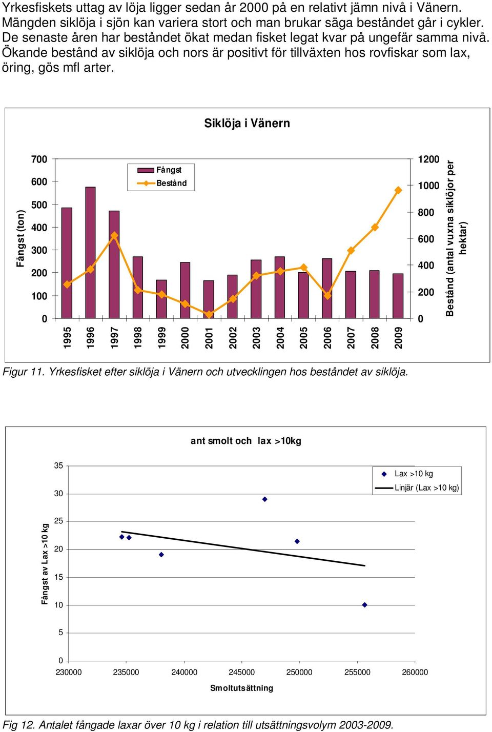 Siklöja i Vänern Fångst (ton) 7 6 5 4 3 2 1 Fångst Bestånd 12 1 8 6 4 2 1995 1996 1997 1998 1999 2 21 22 23 24 Bestånd (antal vuxna siklöjor per hektar) 25 26 27 28 29 Figur 11.
