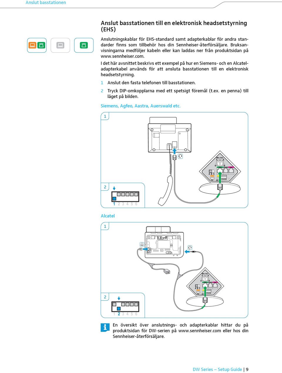 I det här avsnittet beskrivs ett exempel på hur en Siemens- och en Alcateladapterkabel används för att ansluta basstationen till en elektronisk headsetstyrning.