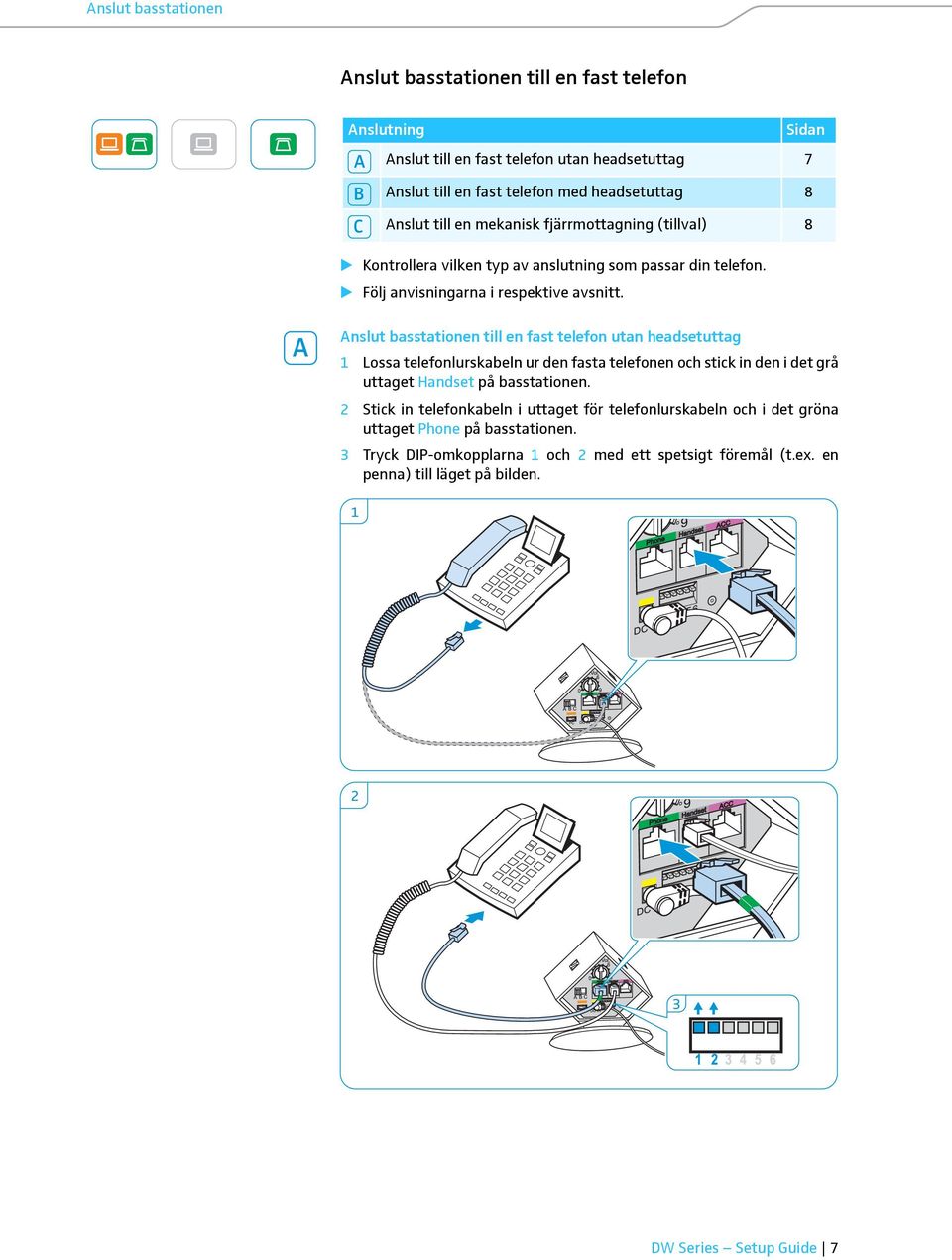 A Anslut basstationen till en fast telefon utan headsetuttag 1 Lossa telefonlurskabeln ur den fasta telefonen och stick in den i det grå uttaget Handset på basstationen.