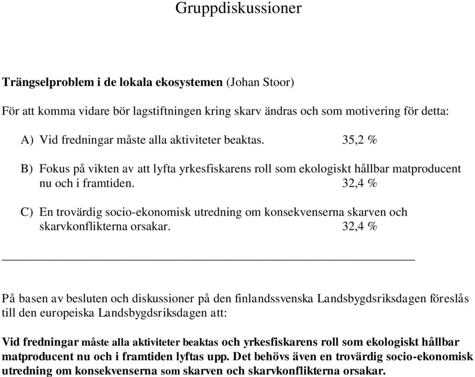 32,4 % C) En trovärdig socio-ekonomisk utredning om konsekvenserna skarven och skarvkonflikterna orsakar.