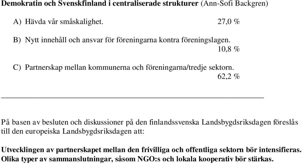 10,8 % C) Partnerskap mellan kommunerna och föreningarna/tredje sektorn.