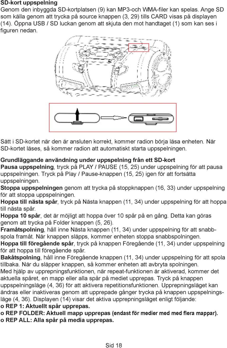 När SD-kortet läses, så kommer radion att automatiskt starta uppspelningen.