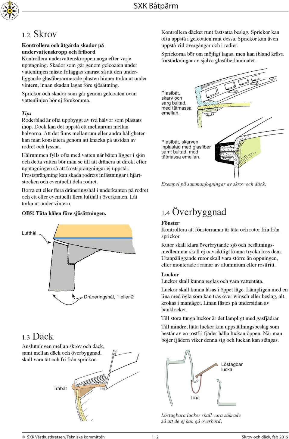 Sprickor och skador som går genom gelcoaten ovan vattenlinjen bör ej förekomma. Roderblad är ofta uppbyggt av två halvor som plastats ihop. Dock kan det uppstå ett mellanrum mellan halvorna.