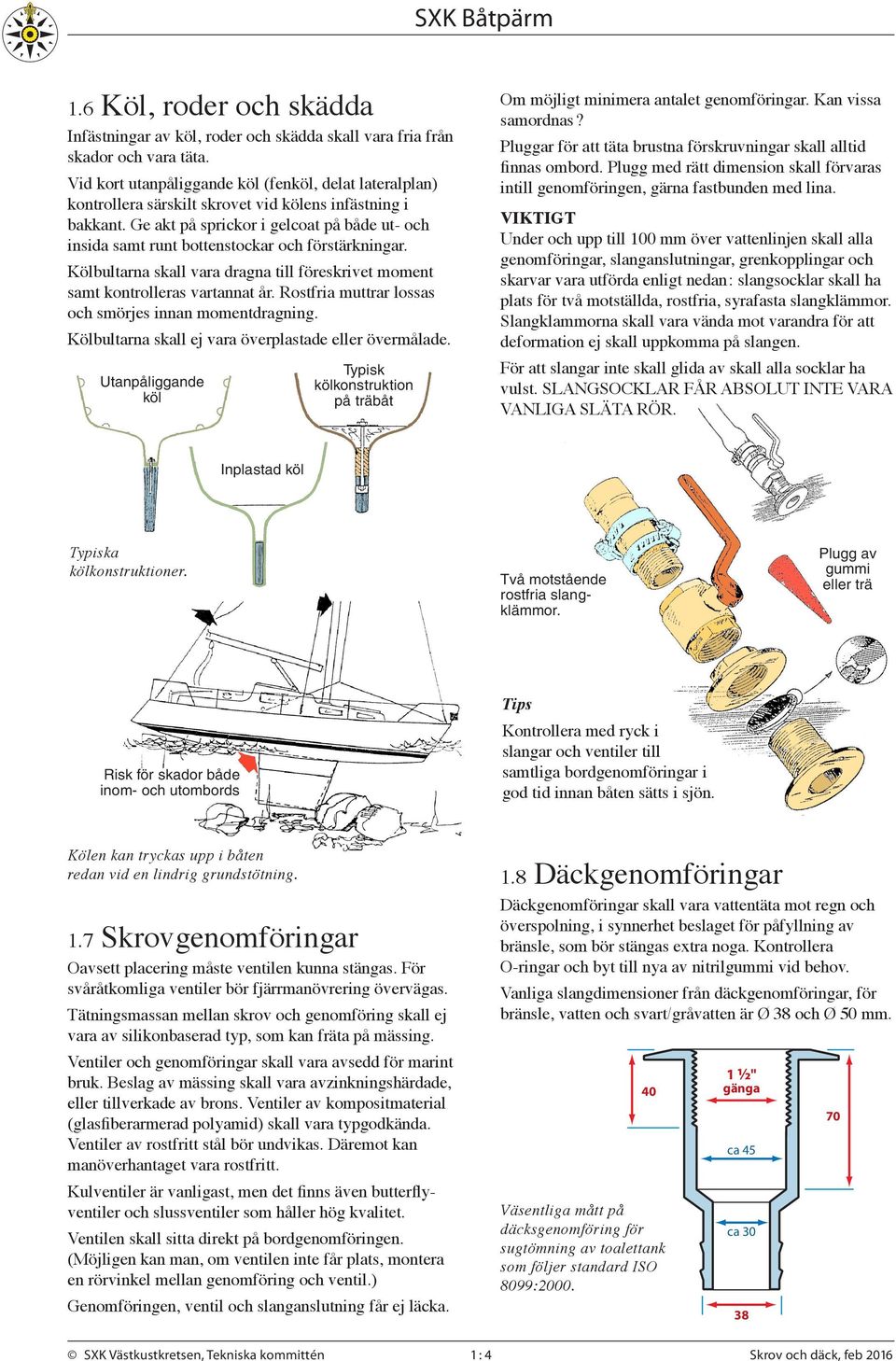 Ge akt på sprickor i gelcoat på både ut- och insida samt runt bottenstockar och förstärkningar. Kölbultarna skall vara dragna till föreskrivet moment samt kontrolleras vartannat år.