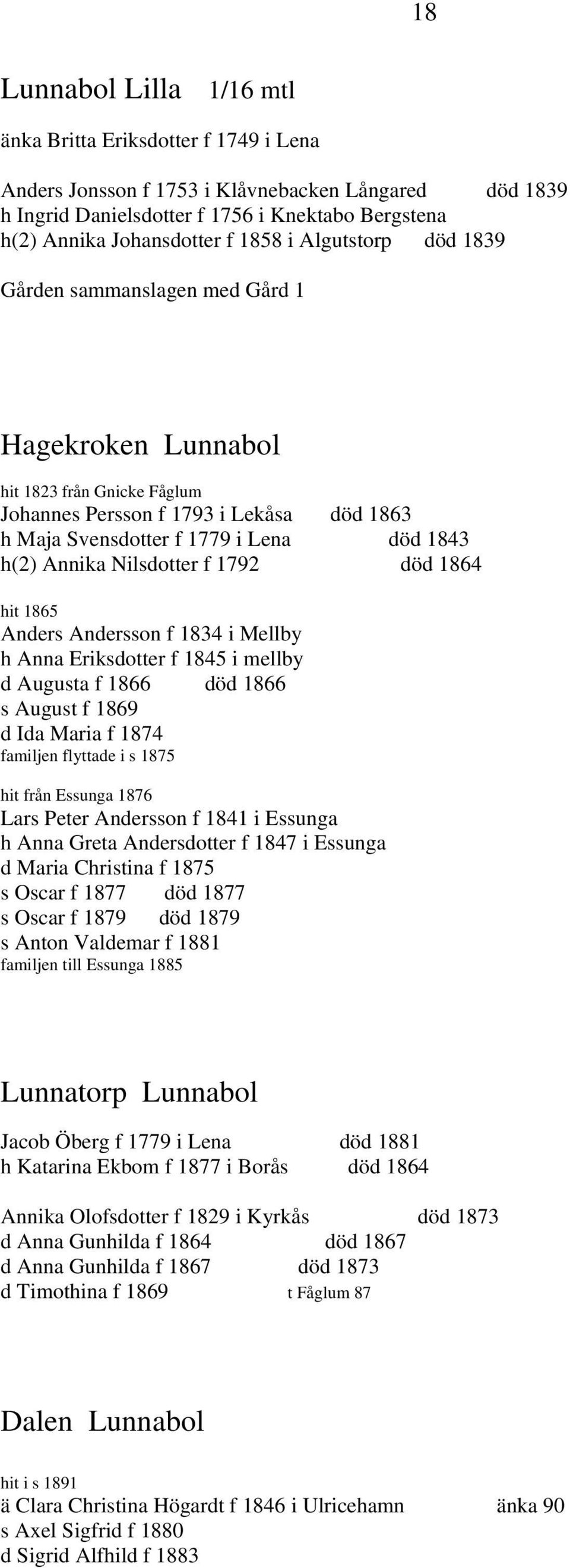 Annika Nilsdotter f 1792 död 1864 hit 1865 Anders Andersson f 1834 i Mellby h Anna Eriksdotter f 1845 i mellby d Augusta f 1866 död 1866 s August f 1869 d Ida Maria f 1874 familjen flyttade i s 1875