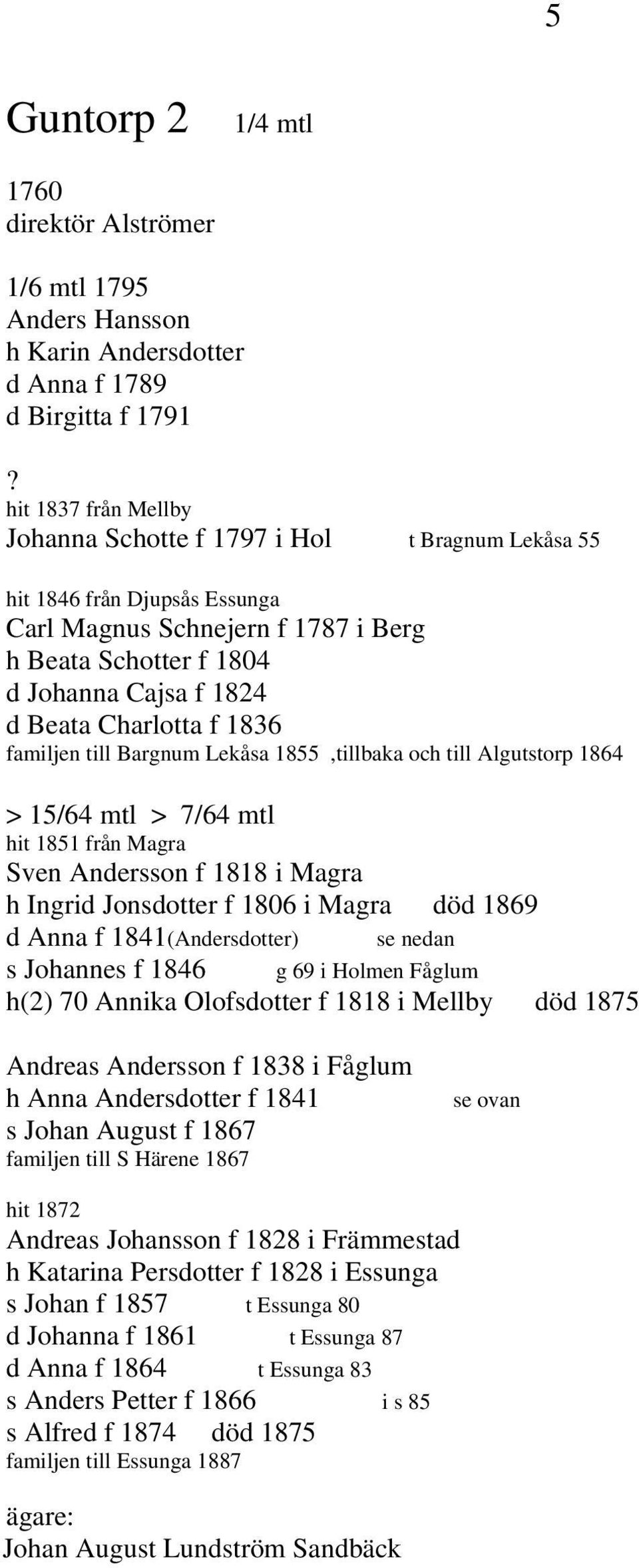 Charlotta f 1836 familjen till Bargnum Lekåsa 1855,tillbaka och till Algutstorp 1864 > 15/64 mtl > 7/64 mtl hit 1851 från Magra Sven Andersson f 1818 i Magra h Ingrid Jonsdotter f 1806 i Magra död
