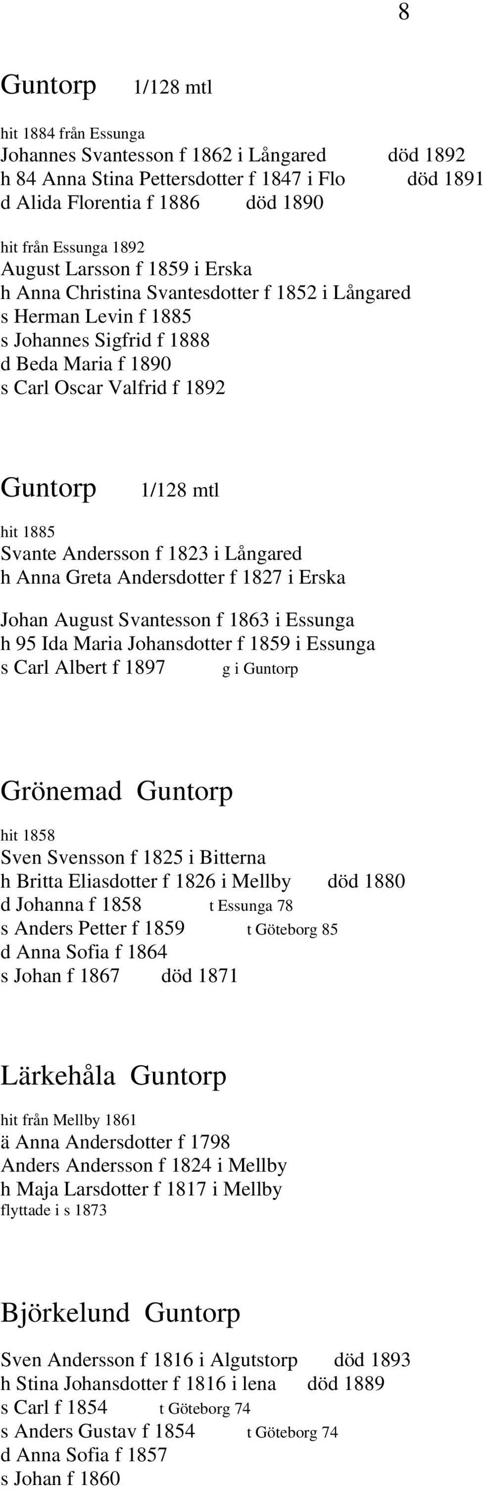 1885 Svante Andersson f 1823 i Långared h Anna Greta Andersdotter f 1827 i Erska Johan August Svantesson f 1863 i Essunga h 95 Ida Maria Johansdotter f 1859 i Essunga s Carl Albert f 1897 g i Guntorp