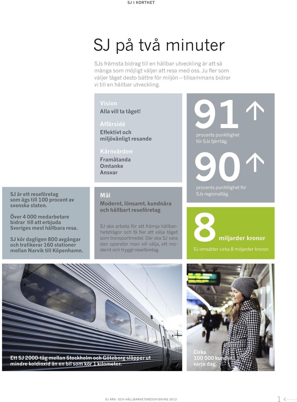 Affärsidé Effektivt och miljövänligt resande Kärnvärden Framåtanda Omtanke Ansvar 91 procents punktlighet för SJs fjärrtåg. 90 SJ är ett reseföretag som ägs till 100 procent av svenska staten.