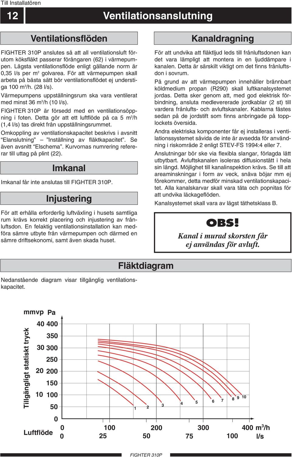 Värmepumpens uppställningsrum ska vara ventilerat med minst 36 m 3 /h (0 l/s). är försedd med en ventilationsöppning i foten.