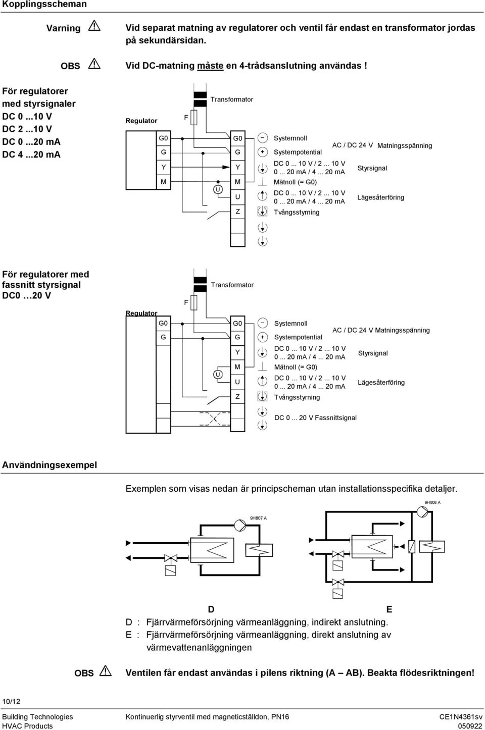 .. 0 ma / 4... 0 ma ätnoll (= ) DC 0... 10 V /... 10 V Lägesåterföring 0... 0 ma / 4... 0 ma Tvångsstyrning För regulatorer med fassnitt styrsignal DC0 0 V Regulator F Transformator Systemnoll Systempotential AC / DC 4 V atningsspänning Z DC 0.