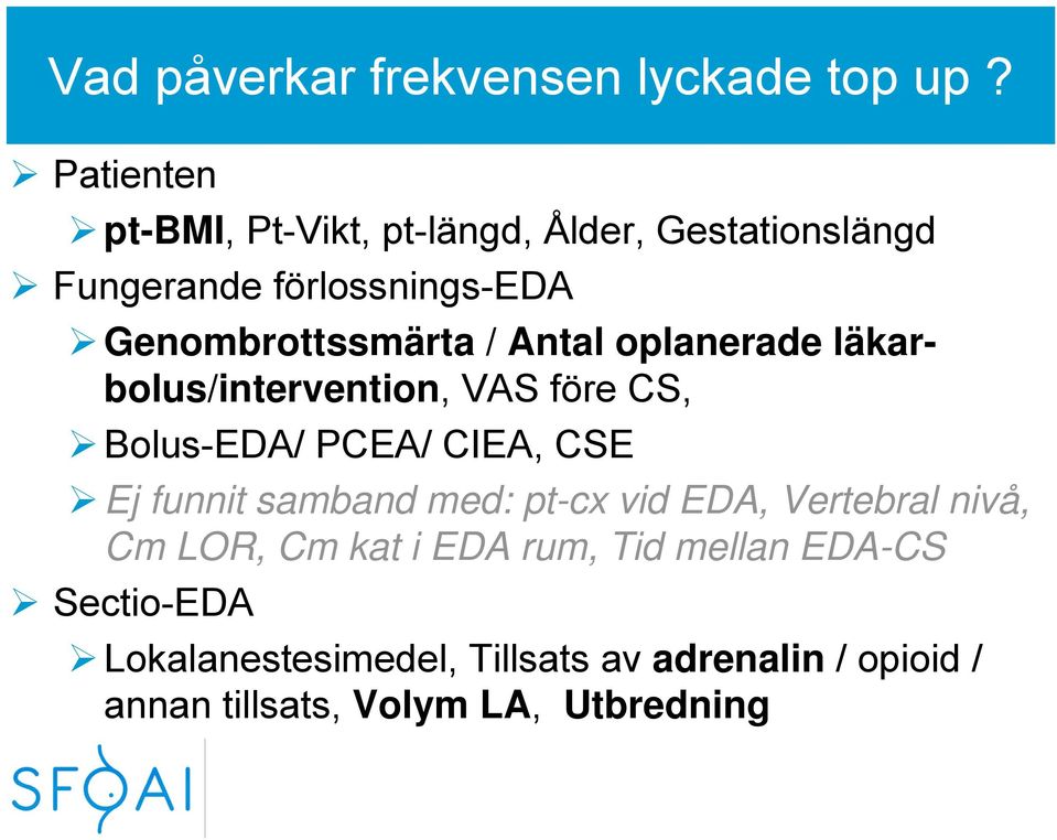 / Antal oplanerade läkarbolus/intervention, VAS före CS, Bolus-EDA/ PCEA/ CIEA, CSE Ej funnit samband med: