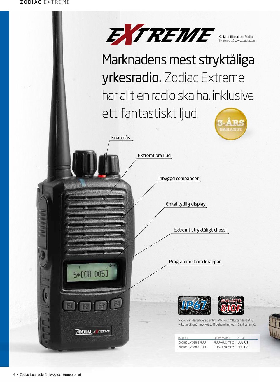 Knapplås Extremt bra ljud Inbyggd compander Enkel tydlig display Extremt stryktåligt chassi Programmerbara knappar Radion är klassificerad