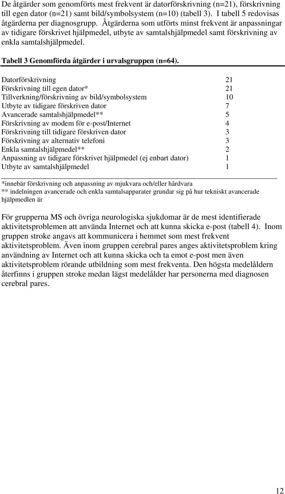 Tabell 3 Genomförda åtgärder i urvalsgruppen (n=64).