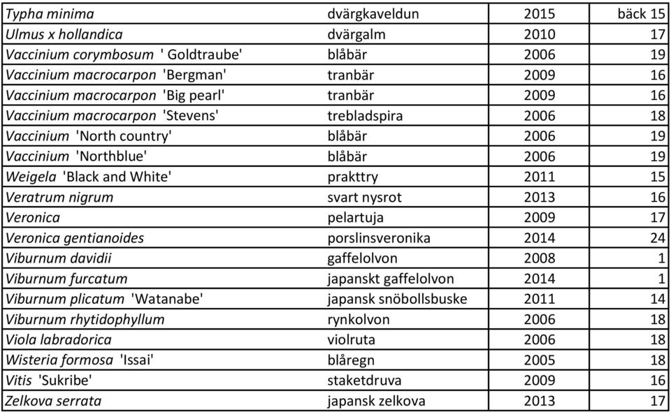 15 Veratrum nigrum svart nysrot 2013 16 Veronica pelartuja 2009 17 Veronica gentianoides porslinsveronika 2014 24 Viburnum davidii gaffelolvon 2008 1 Viburnum furcatum japanskt gaffelolvon 2014 1