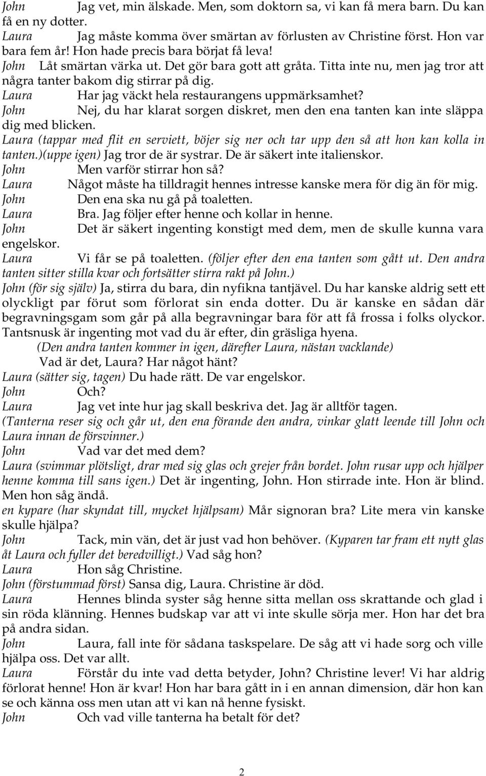 Laura Har jag väckt hela restaurangens uppmärksamhet? John Nej, du har klarat sorgen diskret, men den ena tanten kan inte släppa dig med blicken.