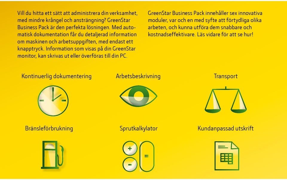 Information som visas på din GreenStar monitor, kan skrivas ut eller överföras till din PC.