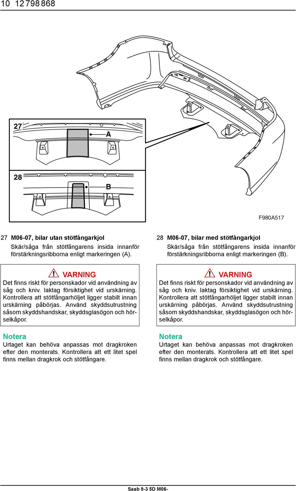 Iaktag försiktighet vid urskärning. Kontrollera att stötfångarhöljet ligger stabilt innan urskärning påbörjas. Använd skyddsutrustning såsom skyddshandskar, skyddsglasögon och hörselkåpor.