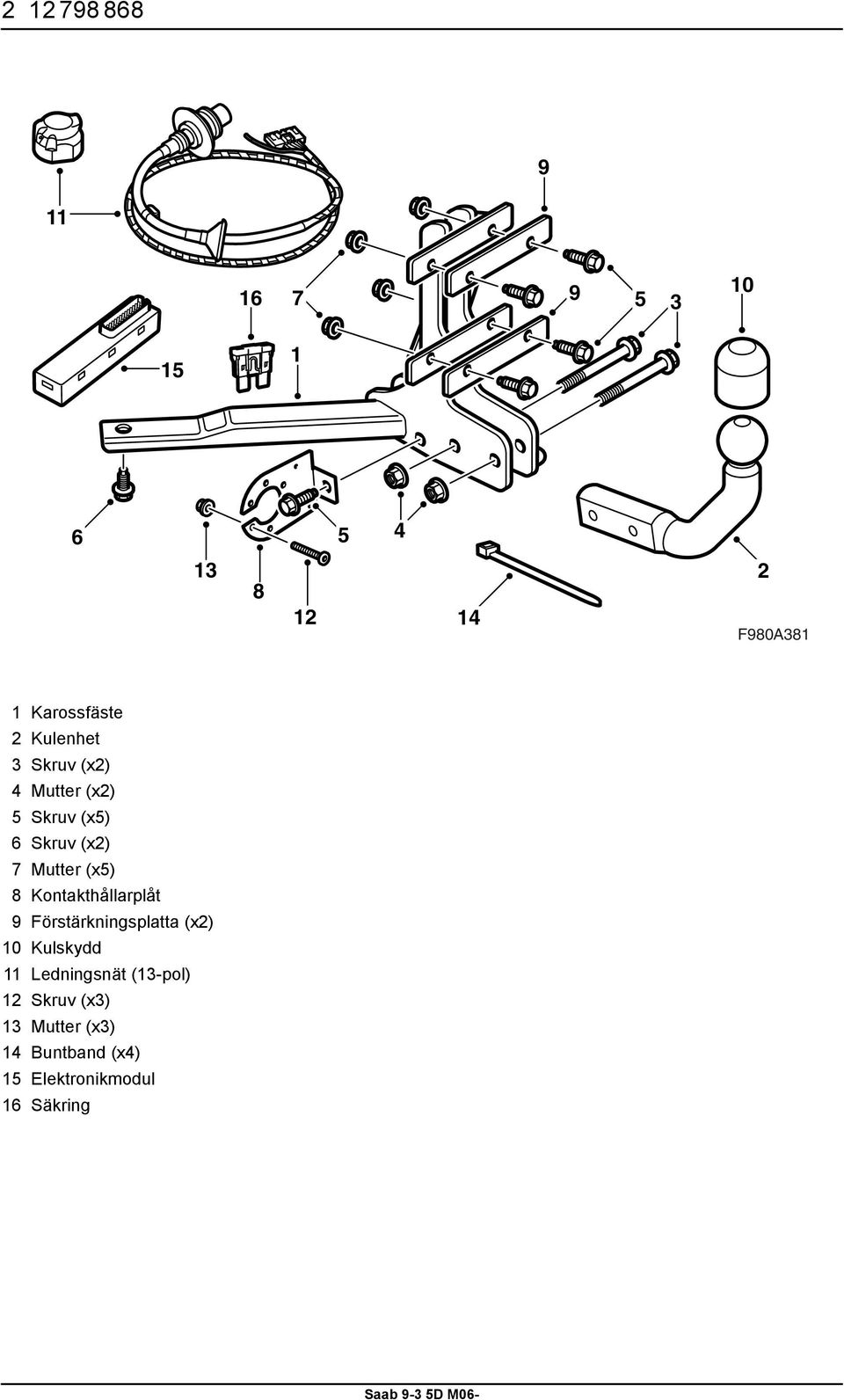 8 Kontakthållarplåt 9 Förstärkningsplatta (x2) 10 Kulskydd 11 Ledningsnät