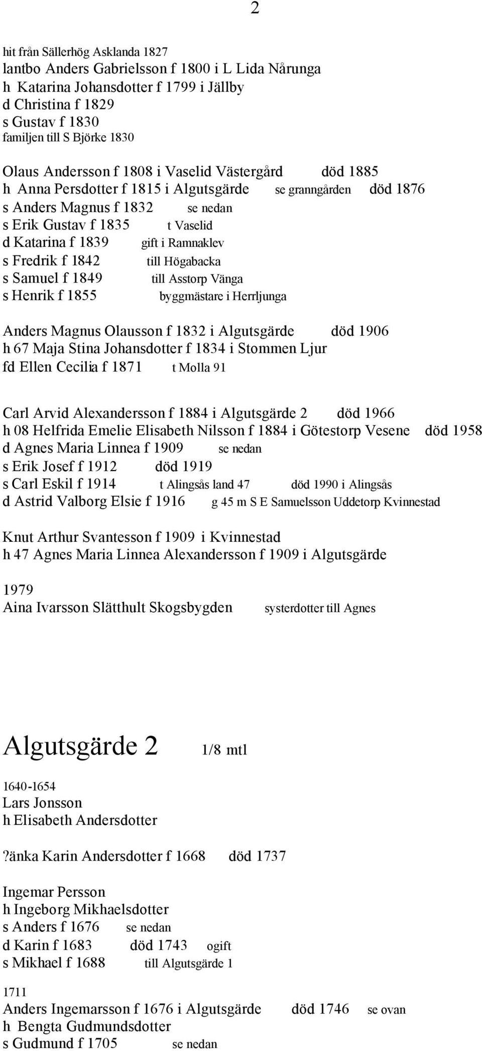 Ramnaklev s Fredrik f 1842 till Högabacka s Samuel f 1849 till Asstorp Vänga s Henrik f 1855 byggmästare i Herrljunga Anders Magnus Olausson f 1832 i Algutsgärde död 1906 h 67 Maja Stina Johansdotter