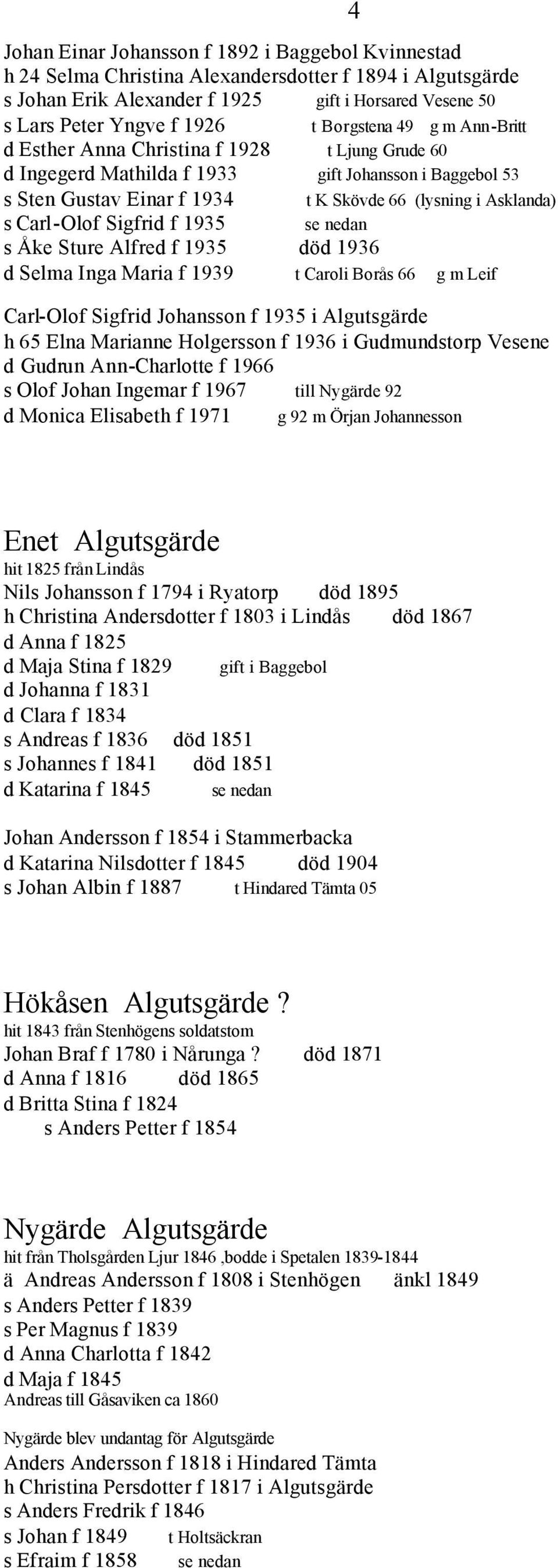 Carl-Olof Sigfrid f 1935 se nedan s Åke Sture Alfred f 1935 död 1936 d Selma Inga Maria f 1939 t Caroli Borås 66 g m Leif Carl-Olof Sigfrid Johansson f 1935 i Algutsgärde h 65 Elna Marianne
