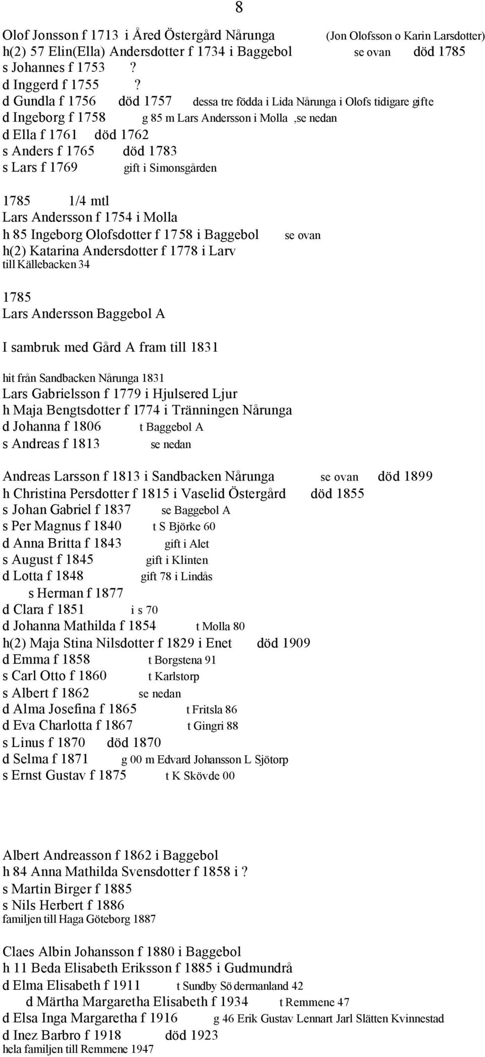 gift i Simonsgården 1785 1/4 mtl Lars Andersson f 1754 i Molla h 85 Ingeborg Olofsdotter f 1758 i Baggebol h(2) Katarina Andersdotter f 1778 i Larv till Källebacken 34 se ovan 1785 Lars Andersson