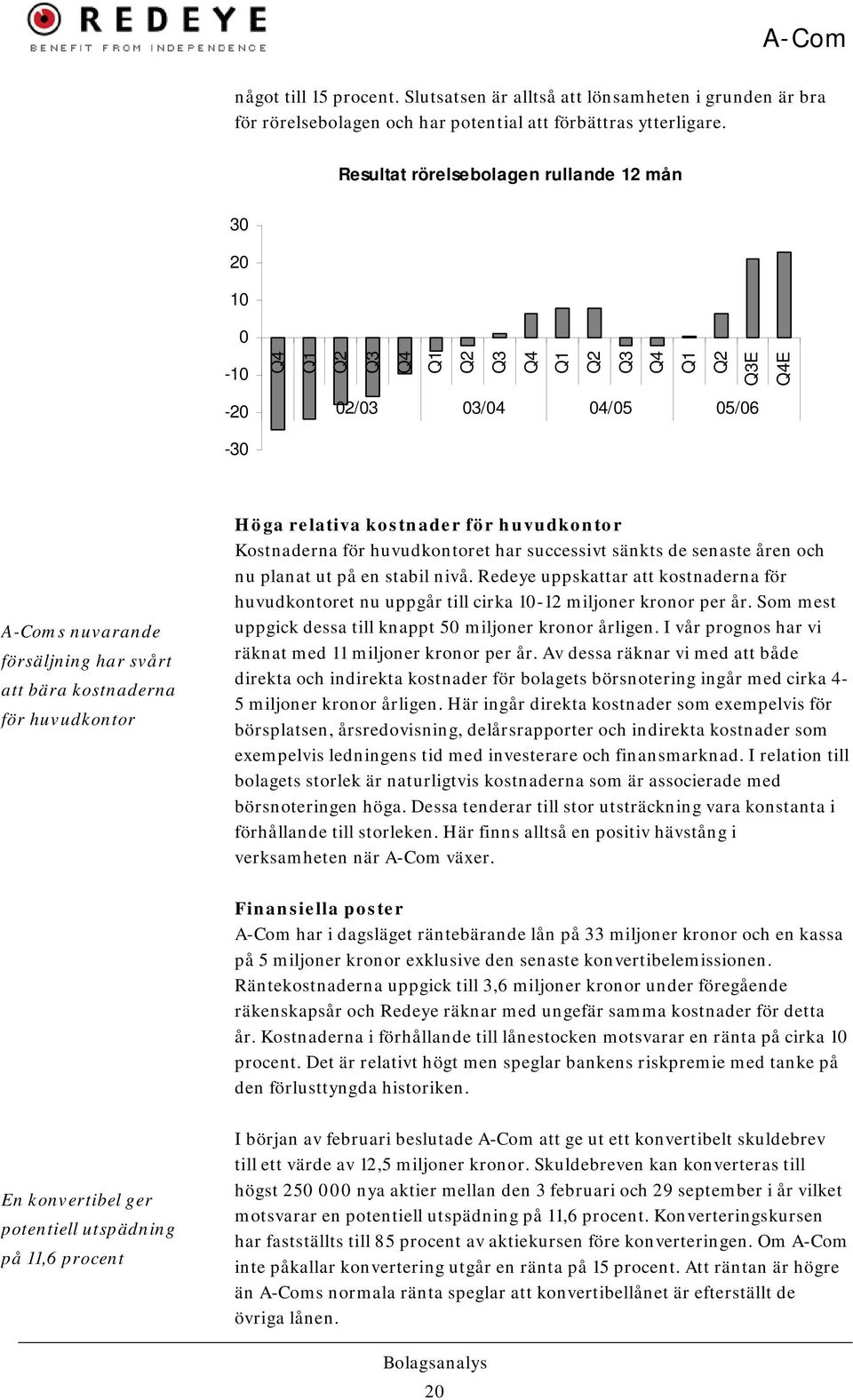 huvudkontor Kostnaderna för huvudkontoret har successivt sänkts de senaste åren och nu planat ut på en stabil nivå.