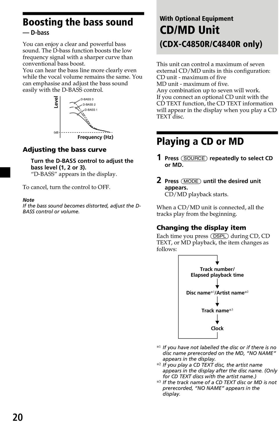 Level 0dB D-BASS 3 D-BASS 2 D-BASS 1 Frequency (Hz) Adjusting the bass curve Turn the D-BASS control to adjust the bass level (1, 2 or 3). D-BASS appears in the display.