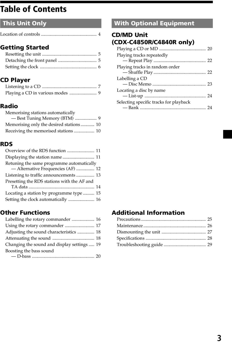.. 10 With Optional Equipment CD/MD Unit (CDX-C4850R/C4840R only) Playing a CD or MD... 20 Playing tracks repeatedly Repeat Play... 22 Playing tracks in random order Shuffle Play.