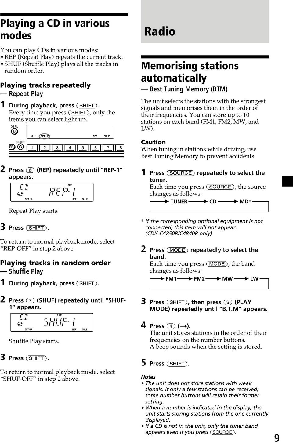 OFF DSPL D SHIFT 2 Press (6) (REP) repeatedly until REP-1 appears. Repeat Play starts. 3 Press (SHIFT). To return to normal playback mode, select REP-OFF in step 2 above.