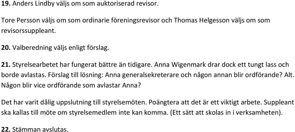 Förslag till lösning: Anna generalsekreterare och någon annan blir ordförande? Alt. Någon blir vice ordförande som avlastar Anna?