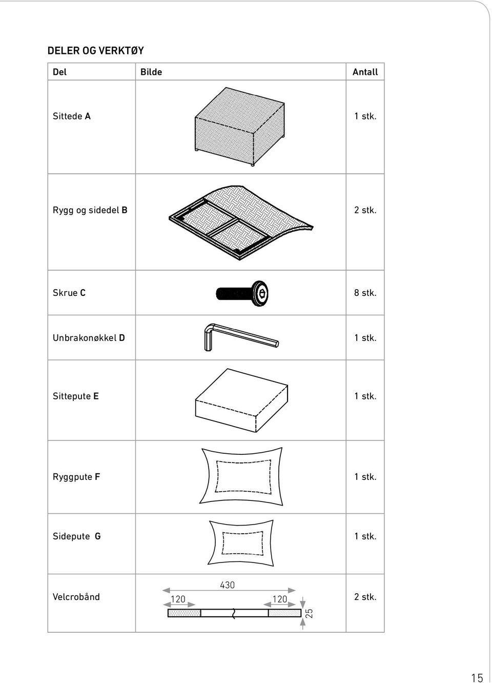 Unbrakonøkkel D 1 stk. Sittepute E 1 stk.