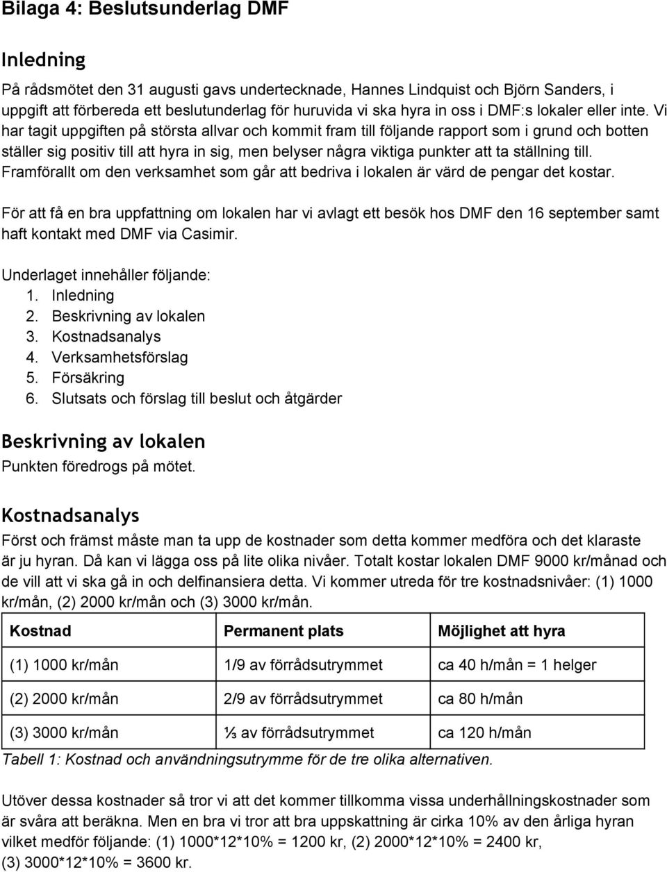 Vi har tagit uppgiften på största allvar och kommit fram till följande rapport som i grund och botten ställer sig positiv till att hyra in sig, men belyser några viktiga punkter att ta ställning till.